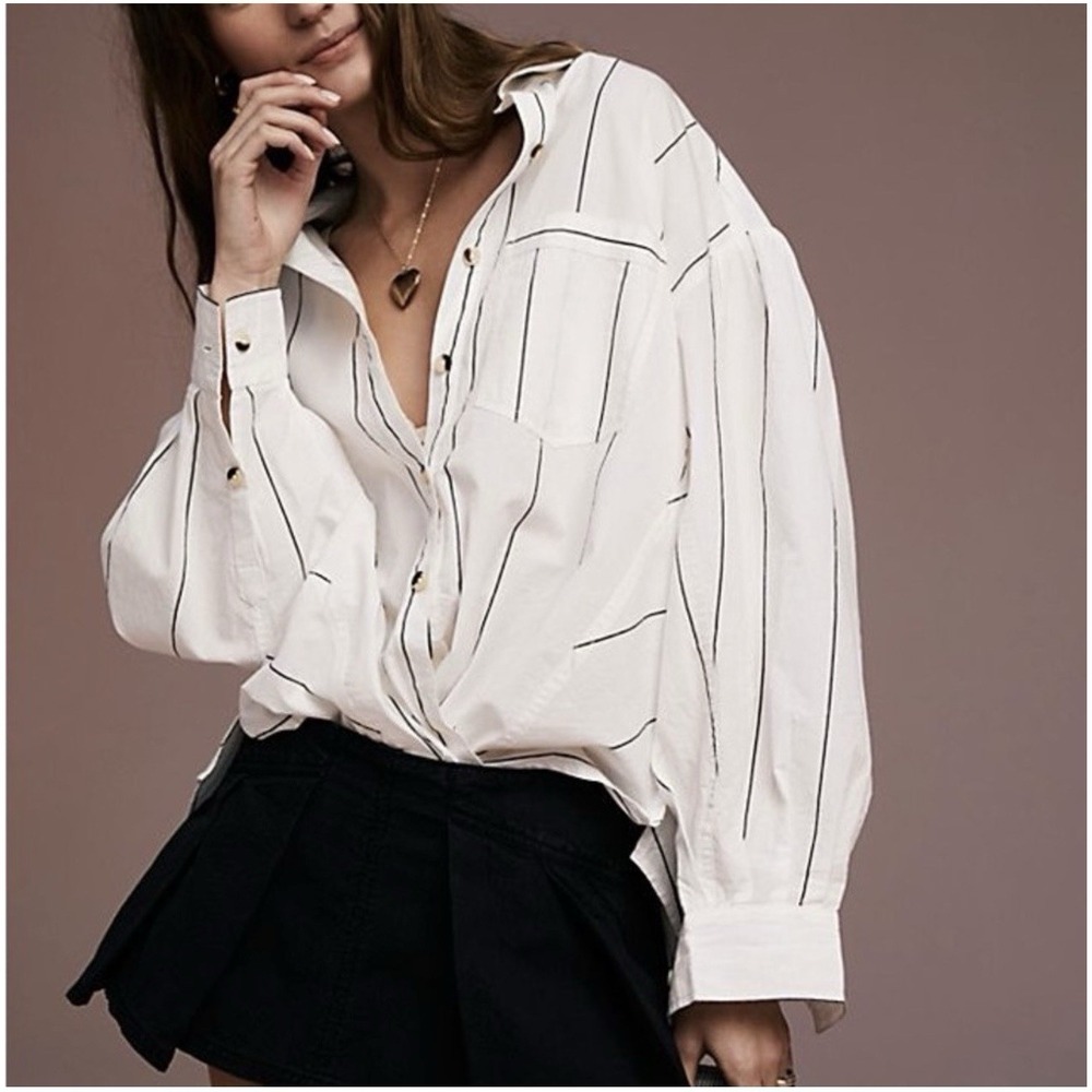 Free People Happy Hour Striped Women's Long Sleeve Shirt Size Medium, Oversized